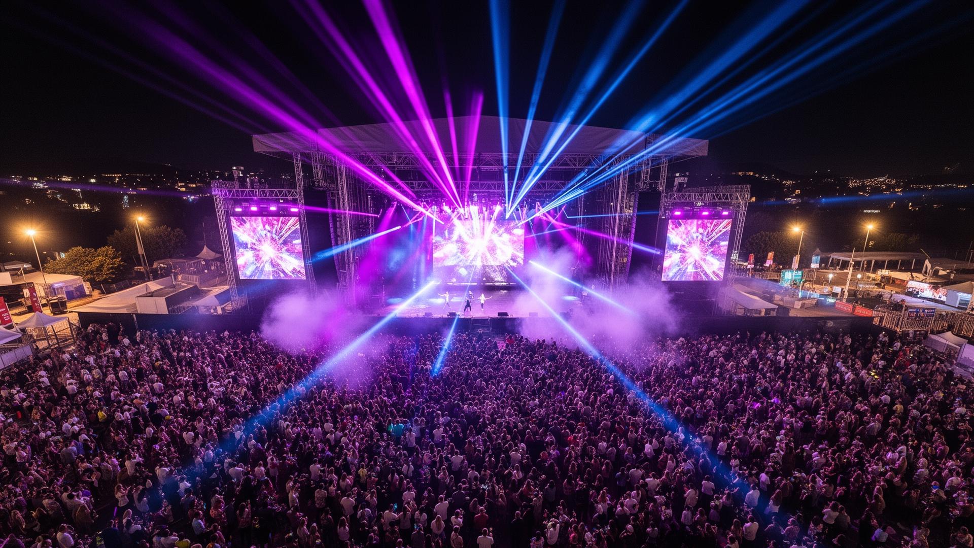Multitud en festival nocturno con luces púrpura y azul
